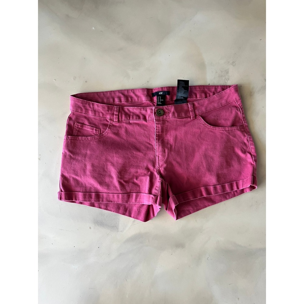 HM Pink Denim Shorts Womens Size 12 Stretch Cuffed Hot Pink Summer Casual Mini